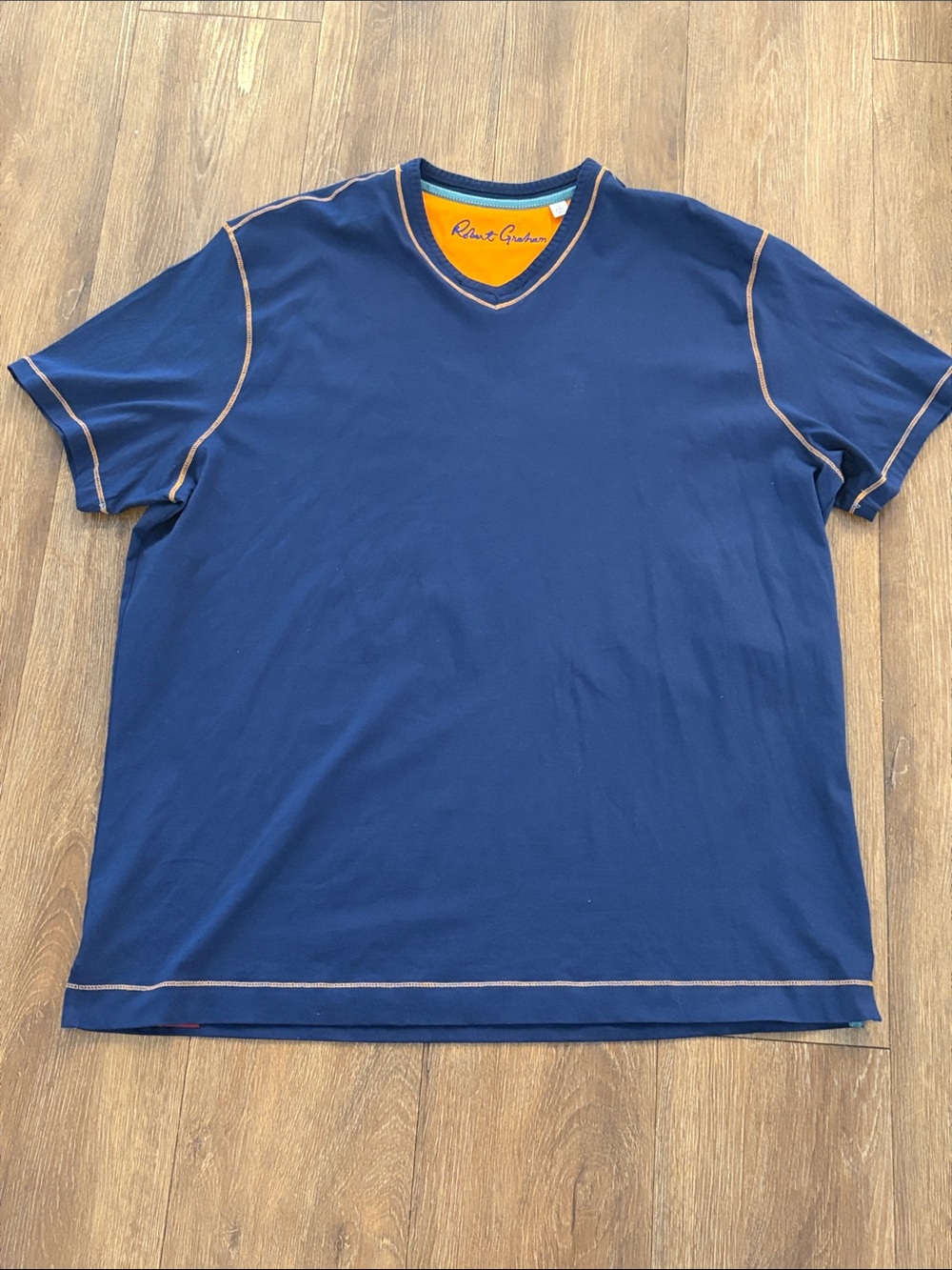 Robert Graham Navy V‑Neck Top with Orange Trim XXL